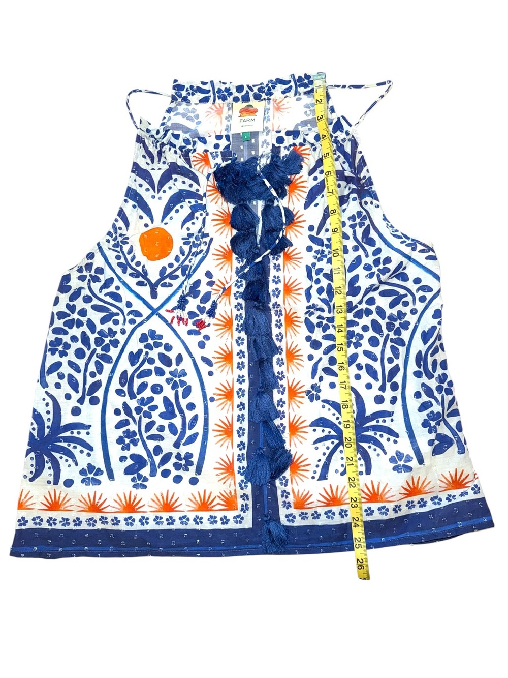 Farm Rio Boho Afternoon Breeze Sleeveless Cotton Blouse with Tassels Sz L - Picture 4 of 9